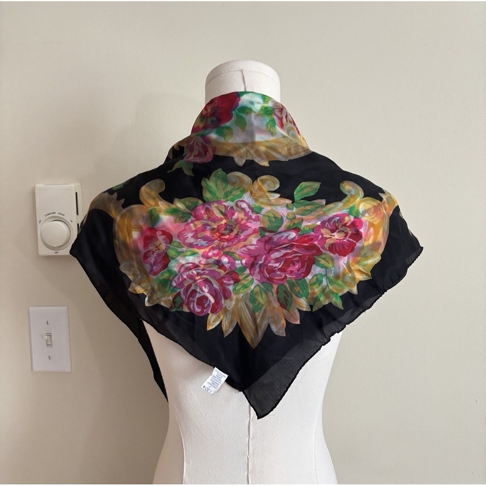 Vintage 100% Silk Scarf Echo Black Pink Green Vintage Retro 80s 90s 2000s Chic